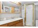 Bathroom featuring a white shower with gold trim, oak cabinets, and a white sink at 9431 Crossland Way, Highlands Ranch, CO 80130