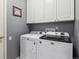 Laundry room with white washer and dryer; white cabinets and neutral walls at 9431 Crossland Way, Highlands Ranch, CO 80130