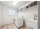 Well-organized laundry room features modern washer and dryer, plus practical shelving for storage at 20304 Vista Cir, Parker, CO 80138