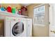 Functional laundry area includes a washer, dryer, shelving, and a window for natural light at 1089 E 131St Dr, Thornton, CO 80241