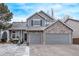 Lovely two-story home with a stone and siding exterior, complemented by a two-car garage and manicured landscaping at 10262 S Royal Eagle Ln, Highlands Ranch, CO 80129