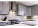 A modern kitchen is displayed with stainless steel appliances, gray cabinets and white countertops at 3720 Jason St, Denver, CO 80211