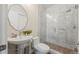 Bathroom features a marble shower, modern sink with pedestal, and neutral paint at 2826 Broadway St # 106, Boulder, CO 80304