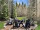 Inviting outdoor firepit area surrounded by mature trees and comfortable Adirondack chairs at 290 Broken Lance Dr # B104, Breckenridge, CO 80424