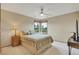Bedroom featuring large windows, ceiling fan, and comfortable bedding at 8403 Homestake Ct, Larkspur, CO 80118