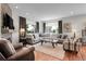 Bright living room features hardwood floors, fireplace, and large windows with backyard views at 10152 Bluffmont Ln, Lone Tree, CO 80124