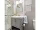 Bathroom featuring marble-look shower, gray vanity, and modern fixtures at 6342 Marshall St, Arvada, CO 80003