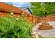 Private backyard featuring a brick fire pit and a wooden fence, perfect for outdoor entertaining at 3608 S Newport Way, Denver, CO 80237