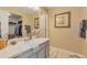 Bathroom featuring a vanity, a framed mirror, artwork, decorative candles, and a view of a walk-in closet at 2673 Live Oak Ct, Castle Rock, CO 80104