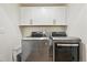 Laundry room featuring modern LG front-load washer and dryer, with sleek white cabinets at 11346 E 27Th Ave, Denver, CO 80238