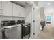 Modern laundry room with a new washer and dryer and storage cabinets at 11346 E 27Th Ave, Denver, CO 80238