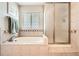 Well-lit bathroom showcasing a tub, shower, and decorative tile accents at 11522 Pine Grove Ln, Parker, CO 80138