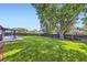 Expansive backyard with lush green lawn, patio area, and mature trees providing ample shade and privacy at 11617 W 71St Dr, Arvada, CO 80004