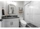 This bathroom features a white vanity, a matching toilet, and a glass shower stall, all complimented by dark hardware at 6737 S White Crow Way, Aurora, CO 80016