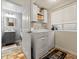 Functional laundry room with washer, dryer, extra storage and adjacent powder room at 3155 Kedleston Ave, Highlands Ranch, CO 80126