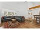 Open-concept layout featuring a fireplace and wooden floors with stylish seating and natural light at 34103 Forest Park Dr, Elizabeth, CO 80107