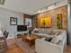 Comfortable living room with brick wall, contemporary furnishings and hardwood floors at 2524 Champa St # 1, Denver, CO 80205