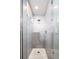 Walk-in shower with modern tile, a rain shower head, and pebble floor at 1323 Elati St # 3, Denver, CO 80204