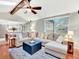 Bright living room showcasing a fireplace, built-in shelves, a comfortable sectional couch, and hardwood floors at 13935 E Idaho Pl, Aurora, CO 80012
