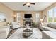 Comfortable living room featuring a stone fireplace, plush seating, and views of the outdoors at 3319 Starry Night Loop, Castle Rock, CO 80109