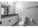 Modern bathroom with granite counters, white vanity, and modern fixtures, plus a toilet and towel rack at 721 Forest View Rd, Monument, CO 80132