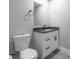 Stylish powder room with granite countertop, white vanity, modern fixtures, and a sleek design at 721 Forest View Rd, Monument, CO 80132