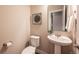 Small powder room with pedestal sink and toilet at 821 Robert St, Longmont, CO 80503