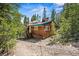 Charming wood cabin nestled amongst the trees with solar panels on roof and gravel parking in front at 542 Harris Dr, Idaho Springs, CO 80452