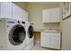 Modern laundry room with front load washer and dryer, ample cabinet space, and a sink at 10619 N Osceola Dr, Westminster, CO 80031