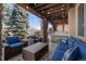 Relaxing covered patio featuring comfortable seating, string lights, and a luxurious hot tub for ultimate outdoor enjoyment at 12532 Daniels Gate Dr, Castle Pines, CO 80108