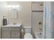 Bathroom features a shower/tub combo, single vanity, and white cabinets at 6856 S Broadway, Centennial, CO 80122