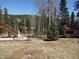 Secluded backyard featuring a patio with seating and a small shed, offering a peaceful outdoor space at 10438 Sunlight Ln, Conifer, CO 80433