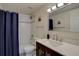 Bathroom featuring a blue shower curtain and vanity with a modern faucet at 10438 Sunlight Ln, Conifer, CO 80433