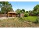 Backyard features green lawn, mature trees, patio, and shed at 1235 S Benton St, Lakewood, CO 80232