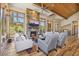 Cozy living room featuring a stone fireplace, wood floors and large windows overlooking the mountains at 41 Barton Ridge Dr, Breckenridge, CO 80424
