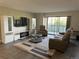 Modern living room with balcony access, contemporary furniture, and hardwood floors at 13601 E Marina Dr # 510, Aurora, CO 80014