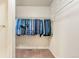 The walk-in closet contains carpet and a wire shelf with hanging clothes at 47385 Lily Ave, Bennett, CO 80102