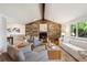 Bright living room featuring a stone fireplace, vaulted ceilings, and comfortable seating at 4338 S Alton St, Greenwood Village, CO 80111
