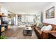 Inviting living room featuring a leather couch, fireplace, and an open floor plan, perfect for relaxing or entertaining guests at 2250 N Monaco Pkwy, Denver, CO 80207