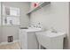 Well-lit laundry room features a utility sink, modern washer and dryer, and practical shelving for storage at 12942 Leyden St, Thornton, CO 80602