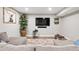 Finished basement living room with gray sectional, entertainment center, and decorative plant at 12942 Leyden St, Thornton, CO 80602