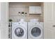 Well-organized laundry room with white cabinets, shelving, and modern washer and dryer at 1162 Rockhurst Dr # 404, Highlands Ranch, CO 80129