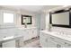 Elegant bathroom with double sinks, marble countertops, and a glass-enclosed shower at 2134 S Jackson St, Denver, CO 80210