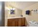 Bathroom featuring a wooden vanity, neutral countertops, and modern lighting fixtures for a clean aesthetic at 877 Airport Rd # 19, Breckenridge, CO 80424