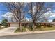 Charming single-story red brick home with mature trees, a lush lawn and an attached two-car garage at 2081 W Ridge Rd, Littleton, CO 80120