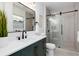 Modern bathroom with green vanity, frameless shower, and stylish fixtures at 3360 Broadway St, Boulder, CO 80304
