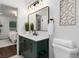 Contemporary bathroom featuring a green vanity and a view of a bedroom at 3360 Broadway St, Boulder, CO 80304