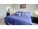 Comfortable bedroom featuring a plush blue quilt, a walk in bathroom and natural light at 18027 Telford Ave, Parker, CO 80134