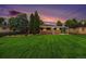 Sunset view of the backyard with vibrant green lawn, trees, and privacy fence at 2321 Lima St, Aurora, CO 80010