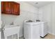 Laundry room with cabinets, utility sink, and modern washer and dryer at 5017 Bella Vista Dr, Longmont, CO 80503